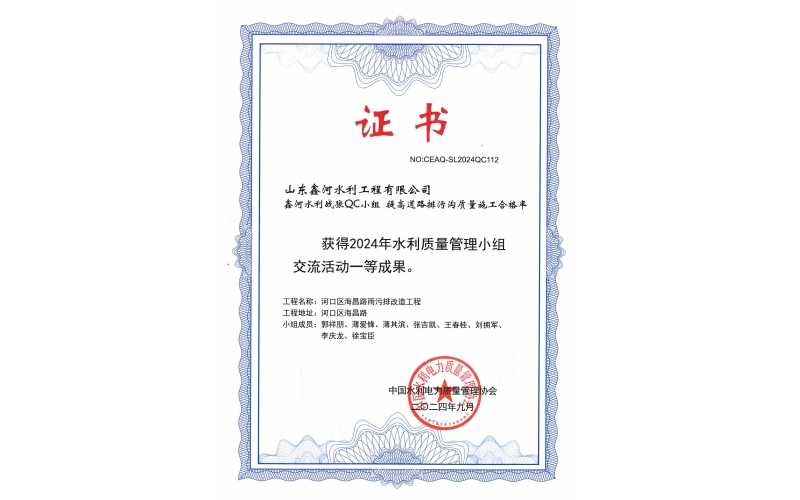 QC成果“提高道路排污溝質量施工合格率”中國水利電力質量管理協會一等成果（2024年9月）